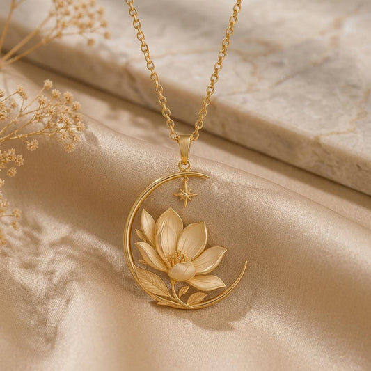 Royal Magnolia Crescent Necklace | 925 Sterling Silver | Celestial Floral Design | Thoughtful Gift for Her
