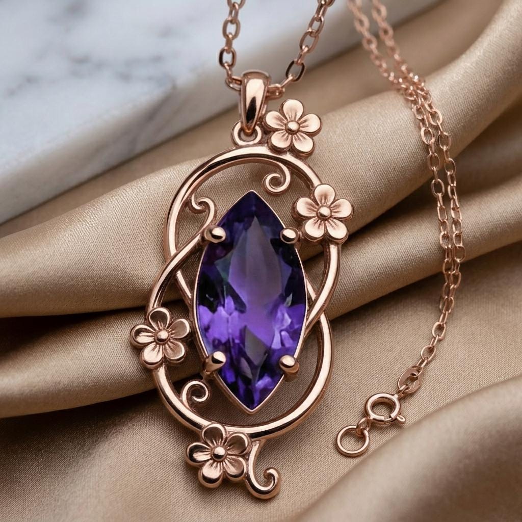 Floral Orbit Birthstone Necklace | Amethyst Birthstone | Elegant Floral Design | Meaningful Birthday Gift