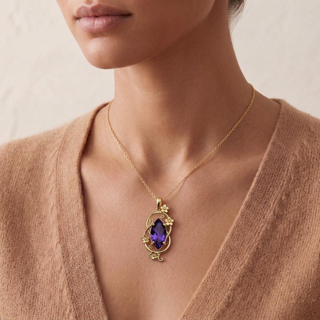 Floral Orbit Birthstone Necklace | Amethyst Birthstone | Elegant Floral Design | Meaningful Birthday Gift