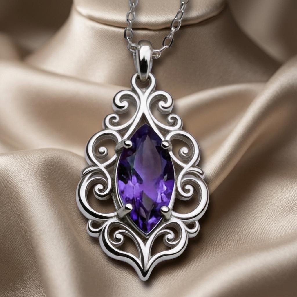 Baroque Amethyst Necklace | 925 Sterling Silver | Ornate Vintage Elegance | Thoughtful Special Occasion Gift