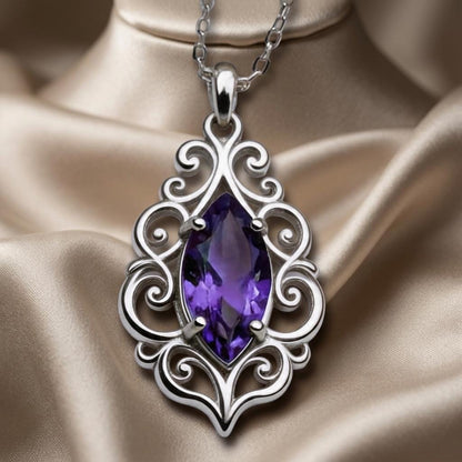 Baroque Amethyst Necklace | 925 Sterling Silver | Ornate Vintage Elegance | Thoughtful Special Occasion Gift
