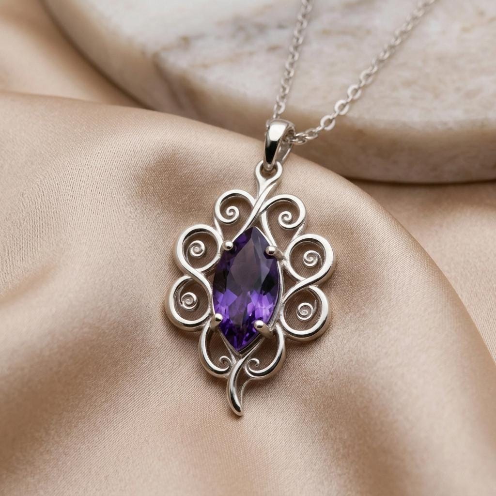 Moonvine Birthstone Necklace | 925 Silver Amethyst Birthstone | Nature Inspired Scrollwork Design | Birthday Anniversary Gift for Her