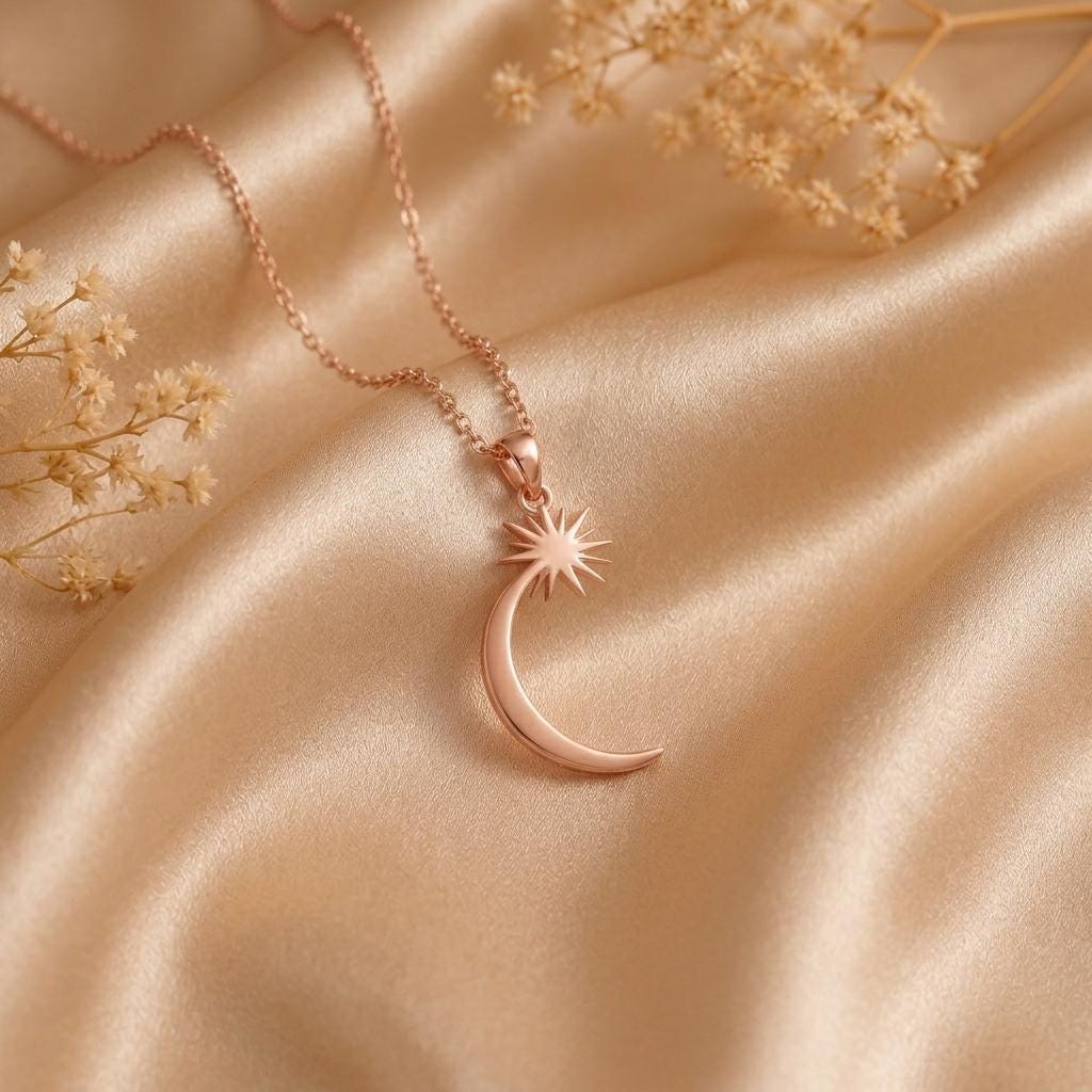 Celestial Crescent Star Necklace | 925 Sterling Silver | Cosmic Theme Jewelry | Meaningful Gift for Her