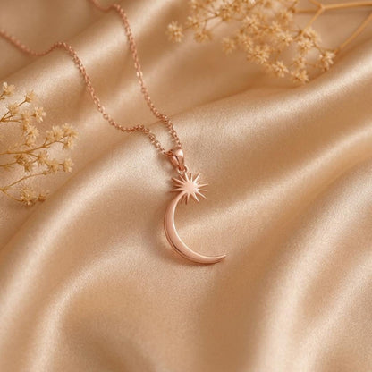 Celestial Crescent Star Necklace | 925 Sterling Silver | Cosmic Theme Jewelry | Meaningful Gift for Her