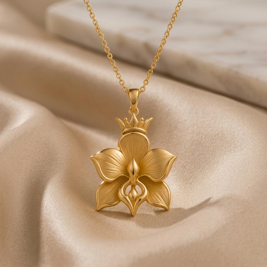 Crowned Orchid Pendant | 925 Sterling Silver | Elegant Floral Design | Meaningful Gift for Her