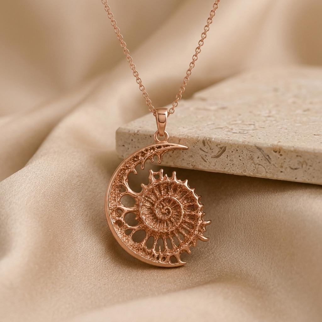 Lunar Fossil Crest Pendant | 925 Sterling Silver | Ammonite Crescent Design | Meaningful Keepsake Gift
