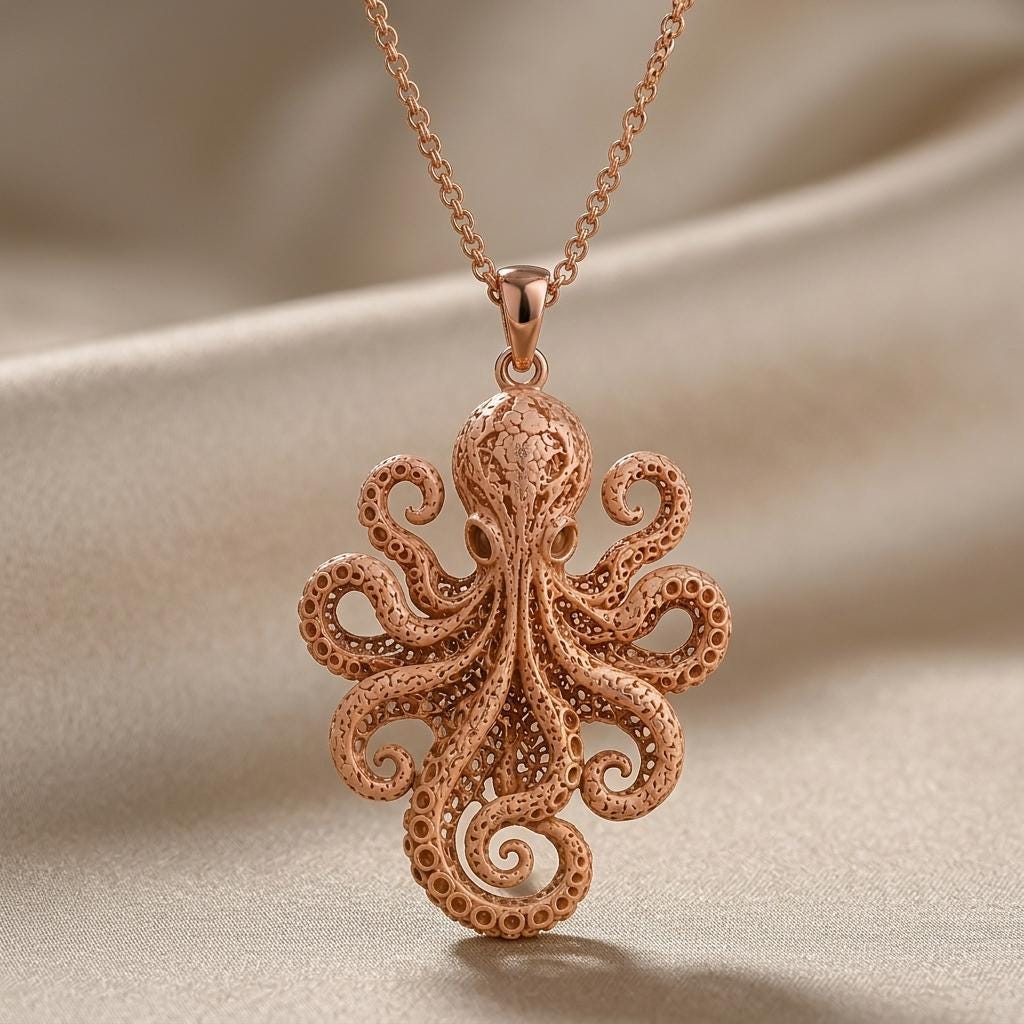 Fossil Octopus Pendant | 925 Sterling Silver | Intricate Ocean Design | Unique Gift for Her