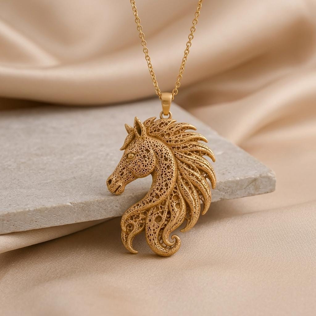 Fossil Horse Crest | 925 Sterling Silver for Her | Intricate Filigree Design | Symbolic Anniversary Gift