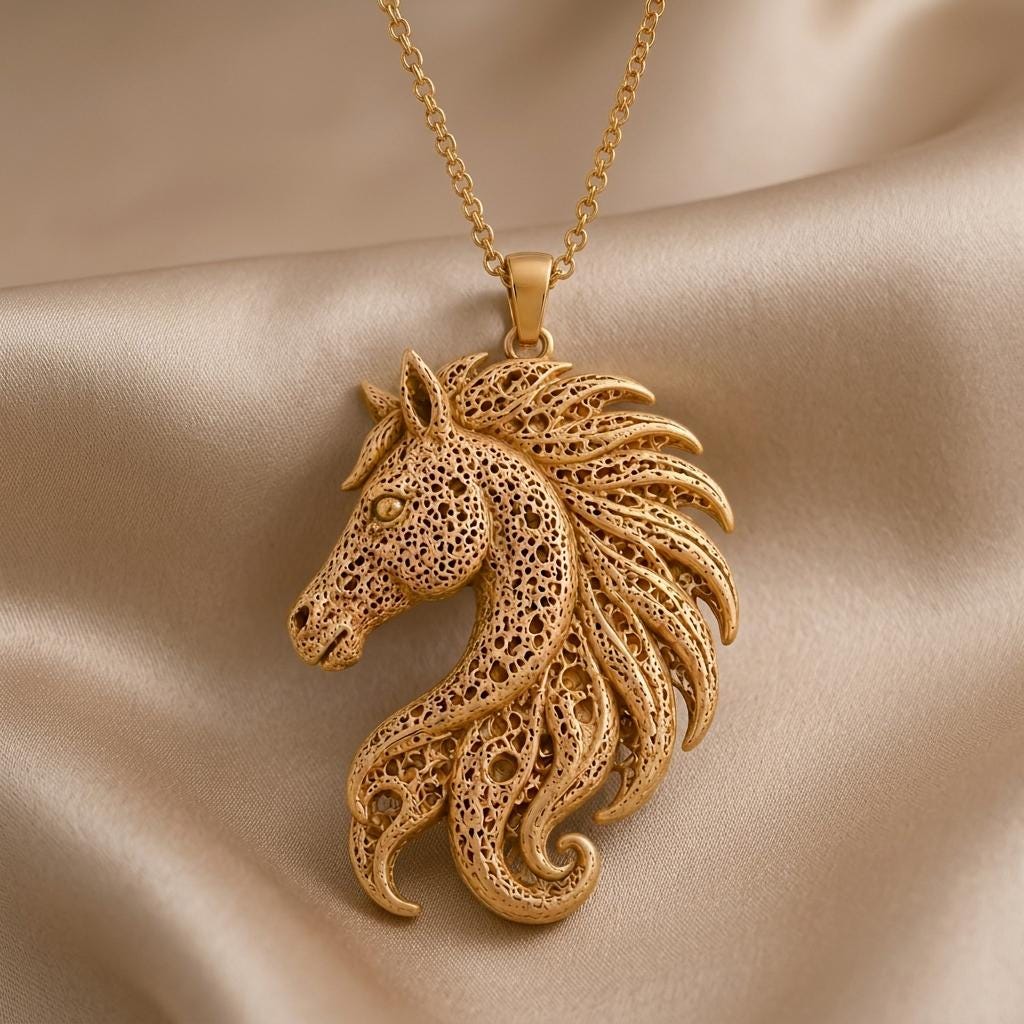 Fossil Horse Crest | 925 Sterling Silver for Her | Intricate Filigree Design | Symbolic Anniversary Gift