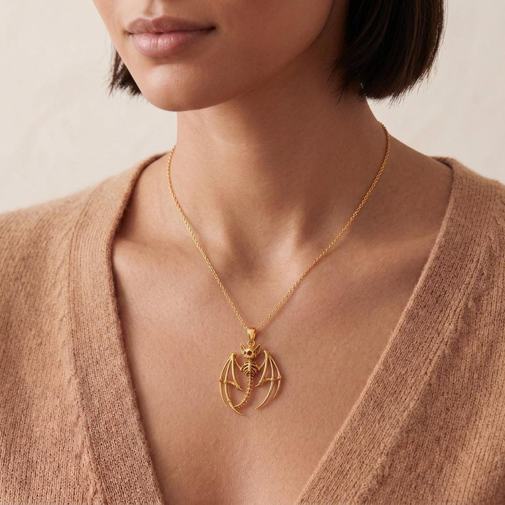 Fossil Bat Skeleton pendant | 925 Sterling Silver | Unique Gothic Style | Unique Statement Gift