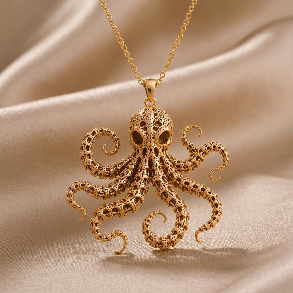 Fossil Octopus Spine pendant | Gold Plated 925 Silver | Intricate Marine Gothic | Unique Ocean Lover Gift