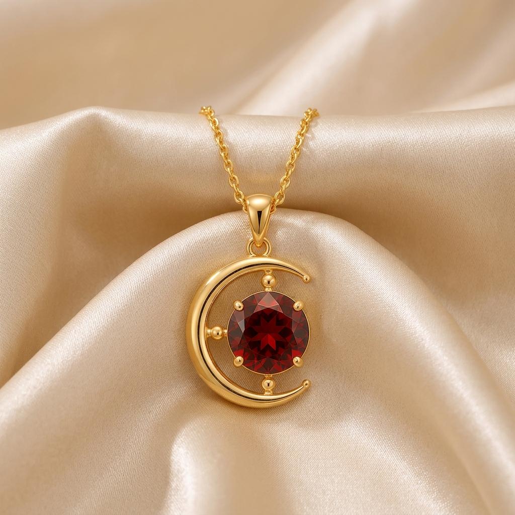 Lunar Eclipse Pendant | Sterling Silver Red Gemstone | Celestial Cosmic Design | Meaningful Gift for Her