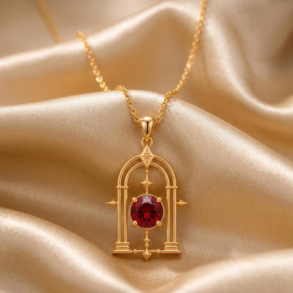 Mystic Portal Pendant | Sterling Silver & Red Gemstone | Mystical Archway - Star Theme | Thoughtful Gift for Loved Ones