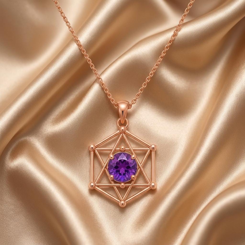 Sacred Geometry Gem Pendant | Gold Plated Silver Amethyst | Spiritual Geometric Design | Meaningful Protection Gift