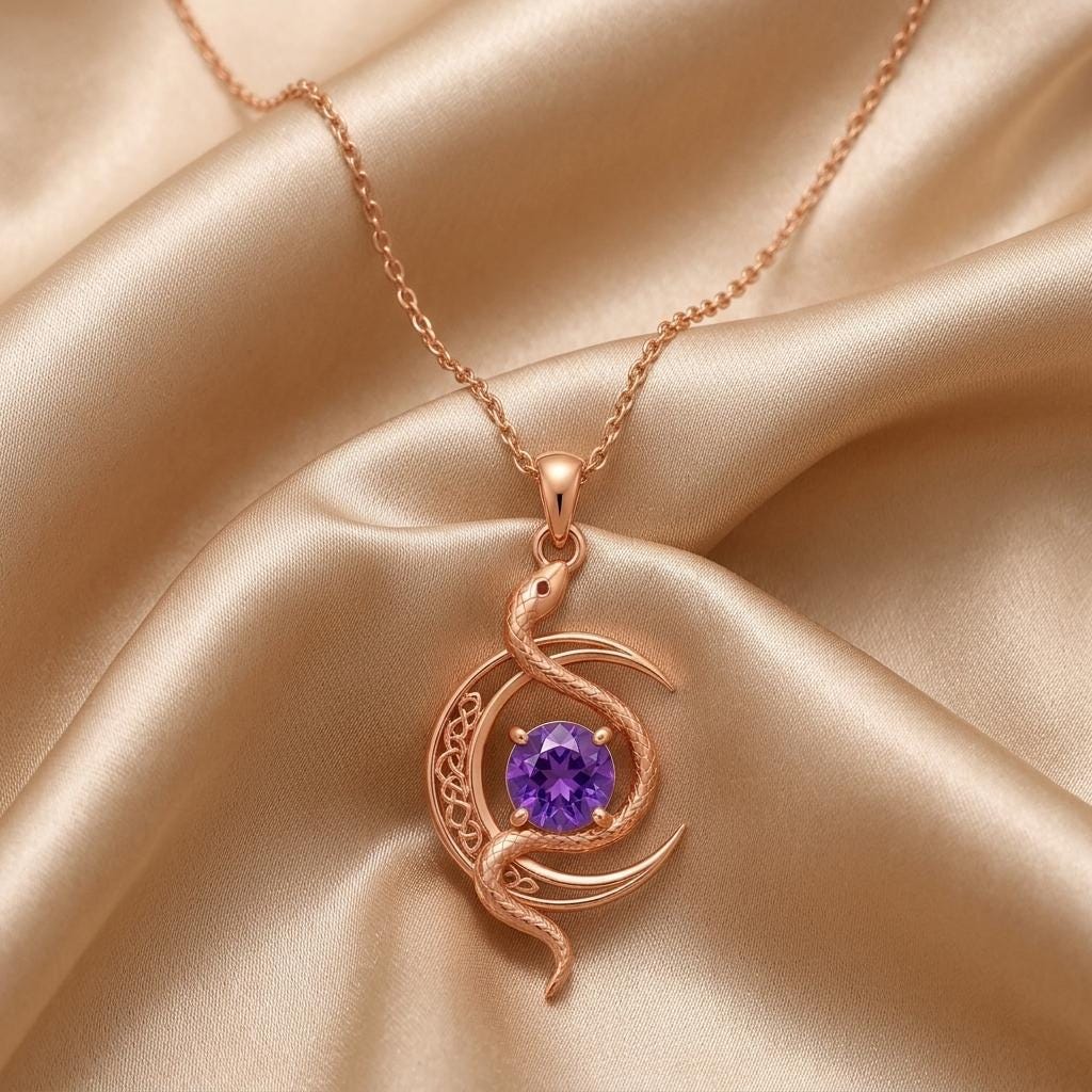 Serpent Moon Necklace | Sterling Silver Amethyst | Mystical Celestial Theme | Meaningful Spiritual Gift