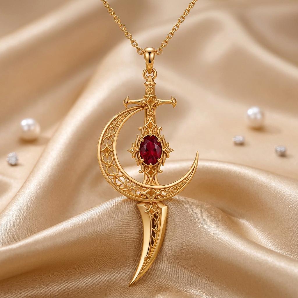 Moonblade Gem Pendant | 925 Sterling Silver | Fantasy Sword & Moon Theme | Gift for Fantasy Enthusiasts
