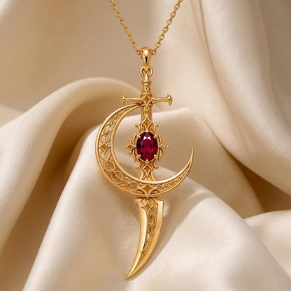 Moonblade Gem Pendant | 925 Sterling Silver | Fantasy Sword & Moon Theme | Gift for Fantasy Enthusiasts