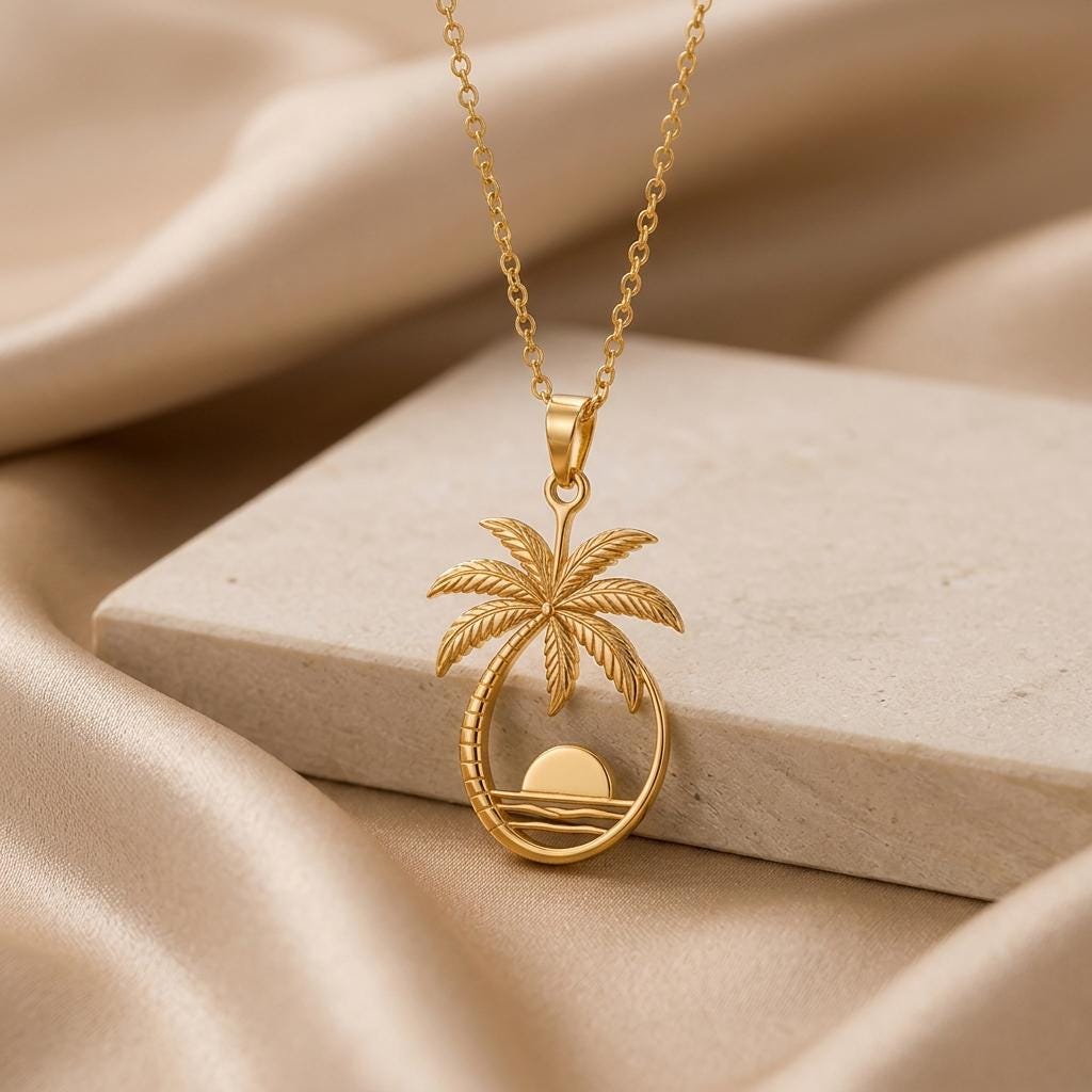 Palm Sunset Pendant | 925 Sterling Silver | Tropical Beach Theme | Vacation Keepsake Gift