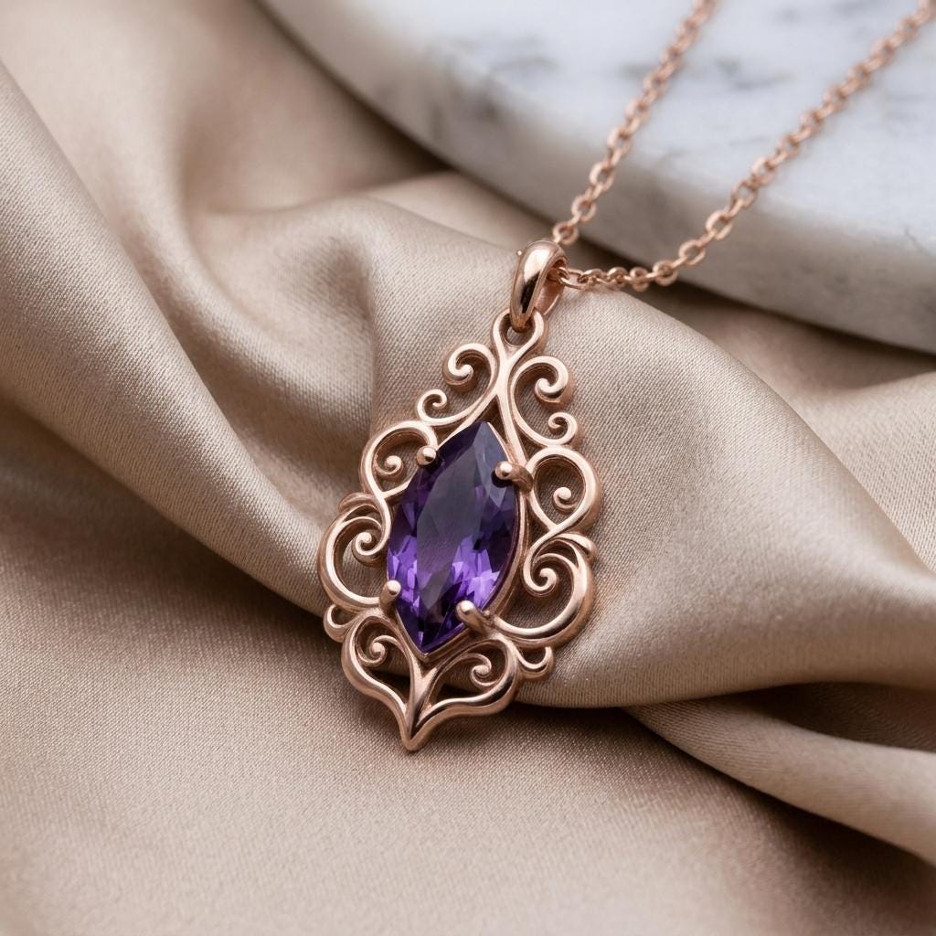 Baroque Amethyst Necklace | 925 Sterling Silver | Ornate Vintage Elegance | Thoughtful Special Occasion Gift