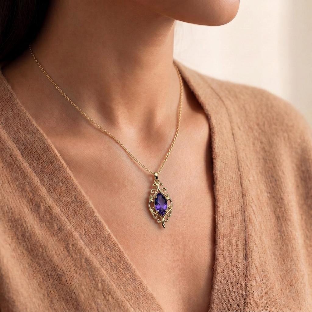 Victorian Leaf Birthstone Necklace | Amethyst - Sterling Silver | Victorian Scrollwork Design | Birthday & Anniversary Gift