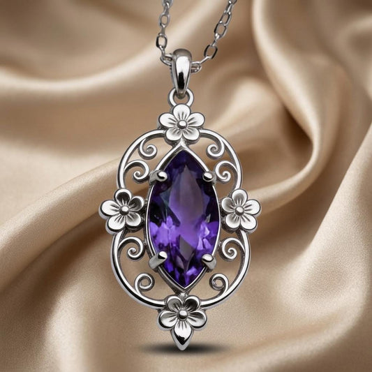 Enchanted Floral Birthstone Necklace | 925 Silver Amethyst | Ornate Floral Vintage Style | Meaningful Birthday Gift
