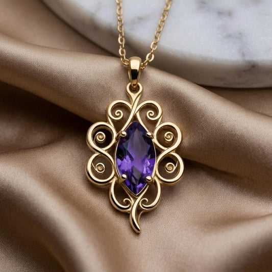 Moonvine Birthstone Necklace | 925 Silver Amethyst Birthstone | Nature Inspired Scrollwork Design | Birthday Anniversary Gift for Her