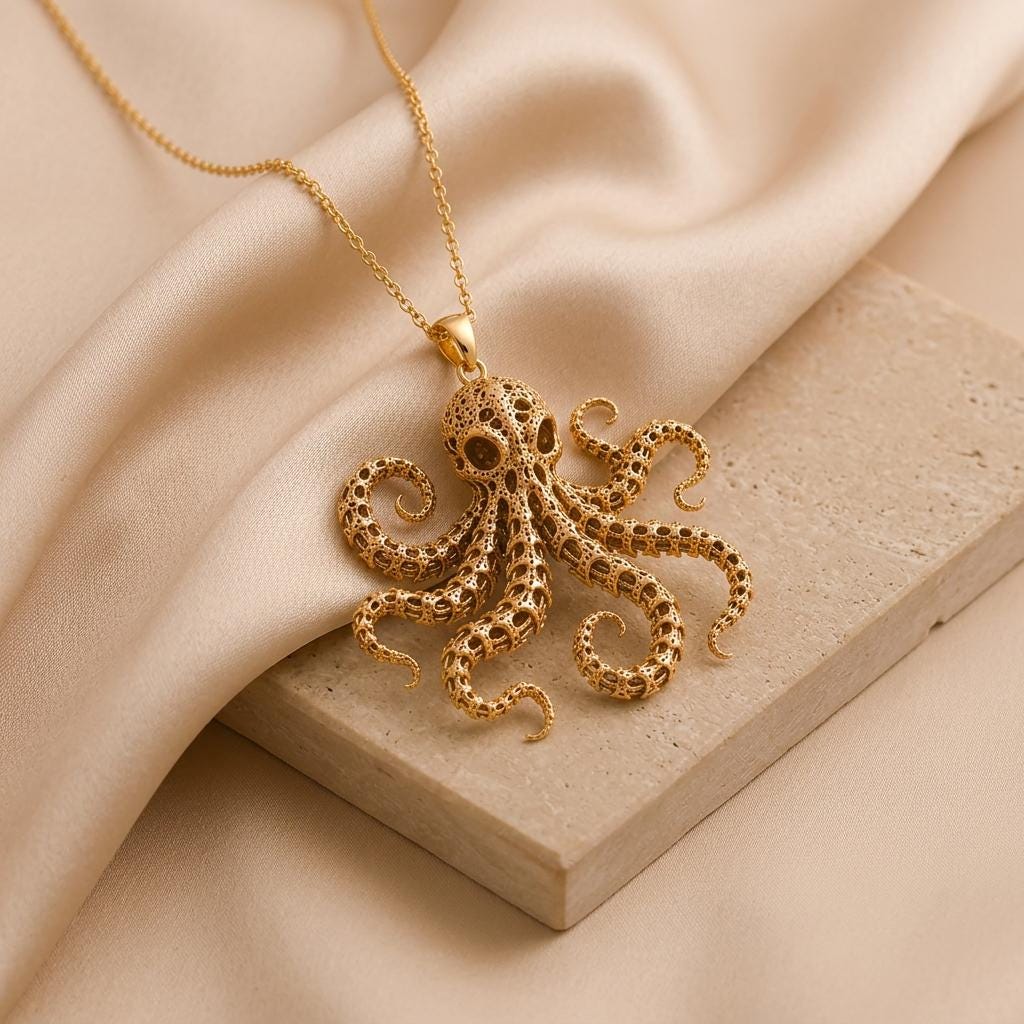 Fossil Octopus Spine pendant | Gold Plated 925 Silver | Intricate Marine Gothic | Unique Ocean Lover Gift