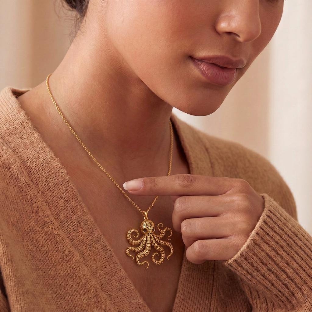 Fossil Octopus Spine pendant | Gold Plated 925 Silver | Intricate Marine Gothic | Unique Ocean Lover Gift