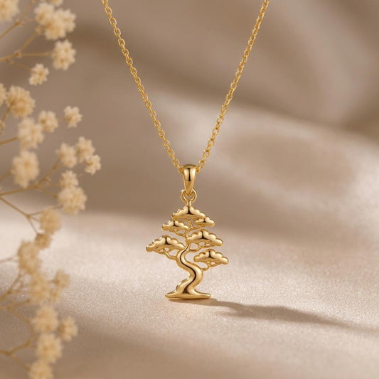 Pine Crest Bonsai Pendant | Gold Plated Sterling Silver | Zen Botanical Theme | Growth & Harmony Gift