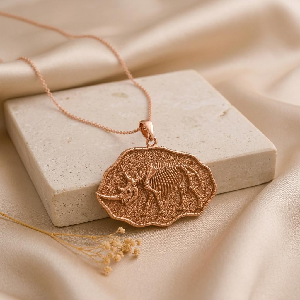 Woolly Rhinoceros Fossil Pendant Necklace | Gold Plated Sterling Silver | Prehistoric Fossil Theme | Unique Science Lover Gift