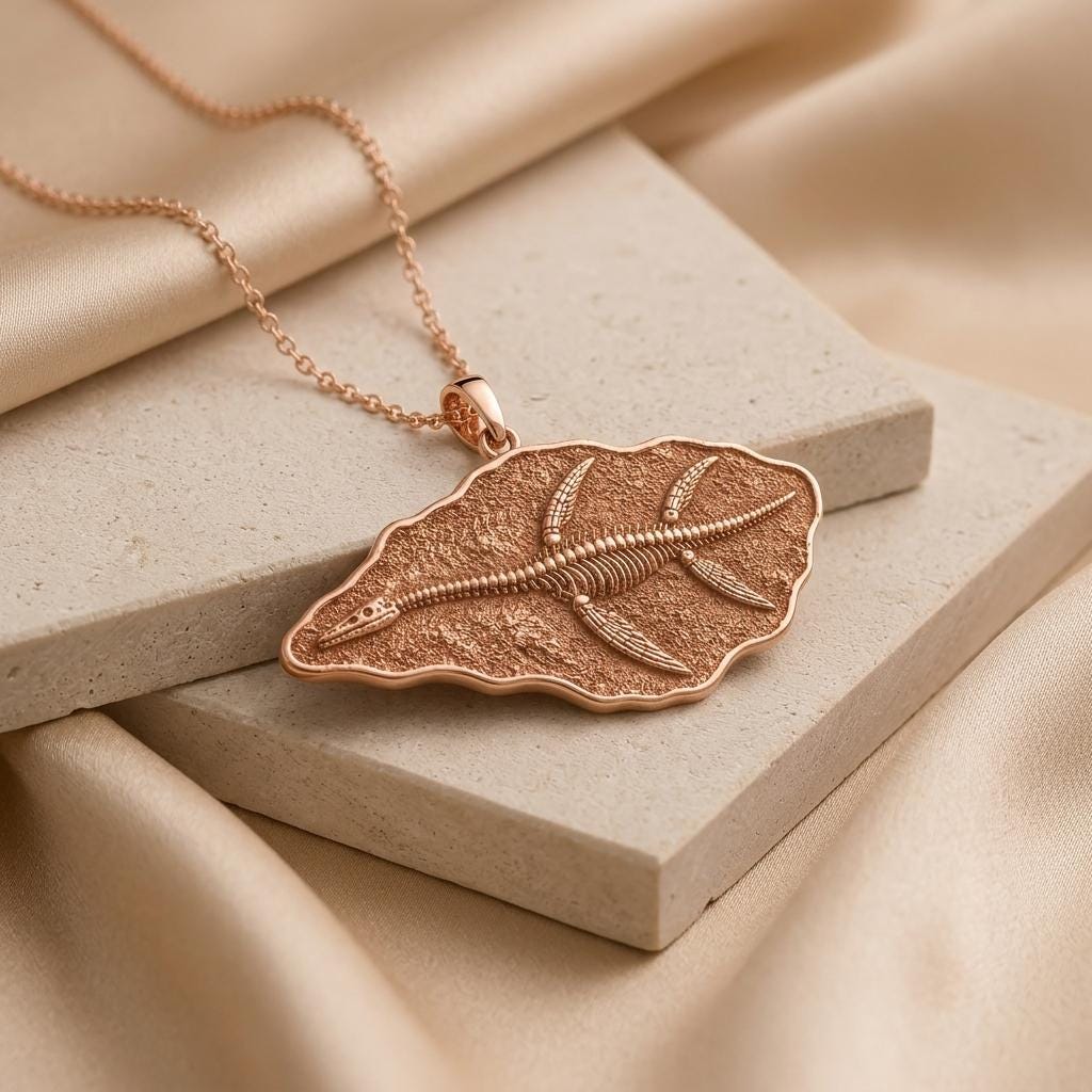 Elasmosaurus Fossil Pendant | Gold Plated Silver | Paleontology Inspired | Unique Science Gift