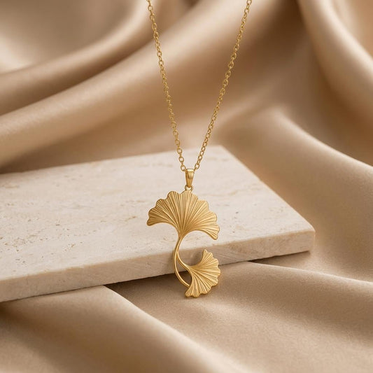 Close-up of handmade Ginkgo Wave Necklace | 925 Sterling Silver | Botanical Nature Theme | Meaningful Gift for Her