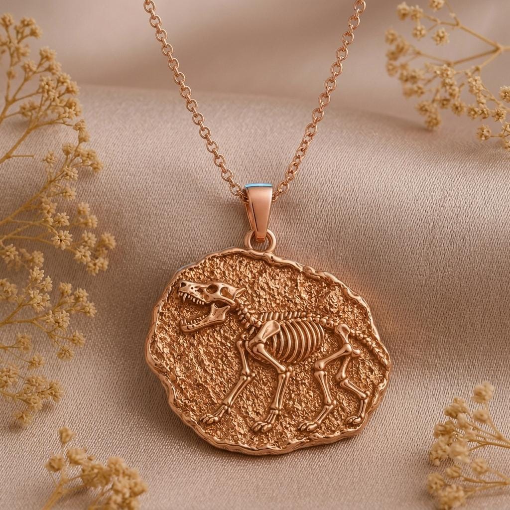 Dire Wolf Fossil Pendant Necklace | Sterling Silver | Ancient Fossil Theme | Unique Statement Gift
