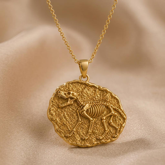 Dire Wolf Fossil Pendant Necklace | Sterling Silver | Ancient Fossil Theme | Unique Statement Gift