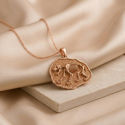 Close-up of handmade Cave Bear Fossil Pendant Necklace | 925 Sterling Silver | Prehistoric Animal Theme | Unique Gift for Explorers