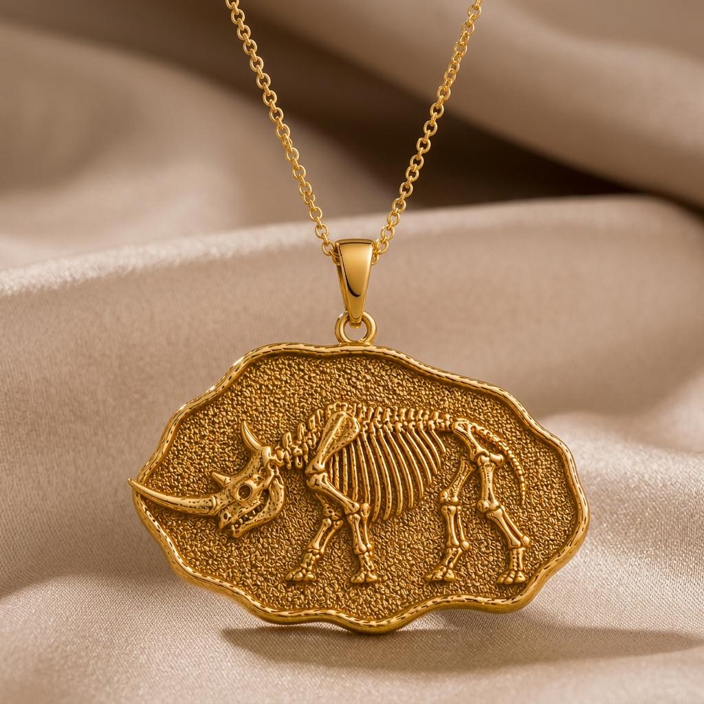 Woolly Rhinoceros Fossil Pendant Necklace | Gold Plated Sterling Silver | Prehistoric Fossil Theme | Unique Science Lover Gift