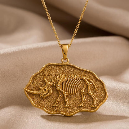 Woolly Rhinoceros Fossil Pendant Necklace | Gold Plated Sterling Silver | Prehistoric Fossil Theme | Unique Science Lover Gift