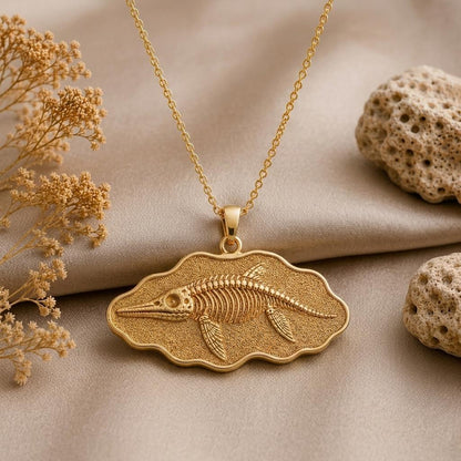 Ophthalmosaurus Fossil Pendant Necklace | Gold Plated Silver | Fossil Skeleton Design | Paleontology Lover Gift