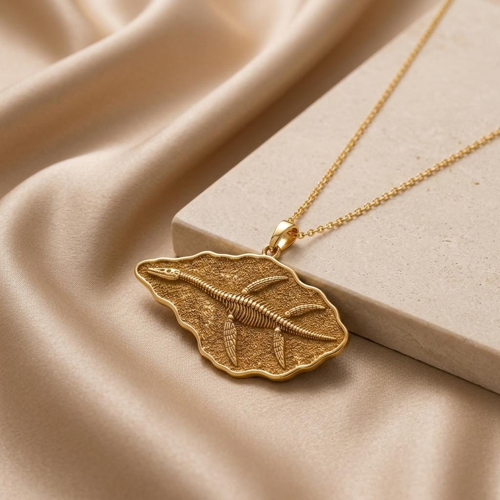 Elasmosaurus Fossil Pendant | Gold Plated Silver | Paleontology Inspired | Unique Science Gift