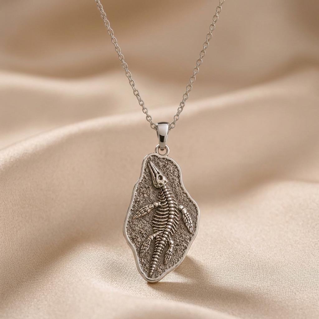 Nothosaurus Fossil Pendant Necklace | 925 Sterling Silver | Prehistoric Fossil Design | Unique Science Gift
