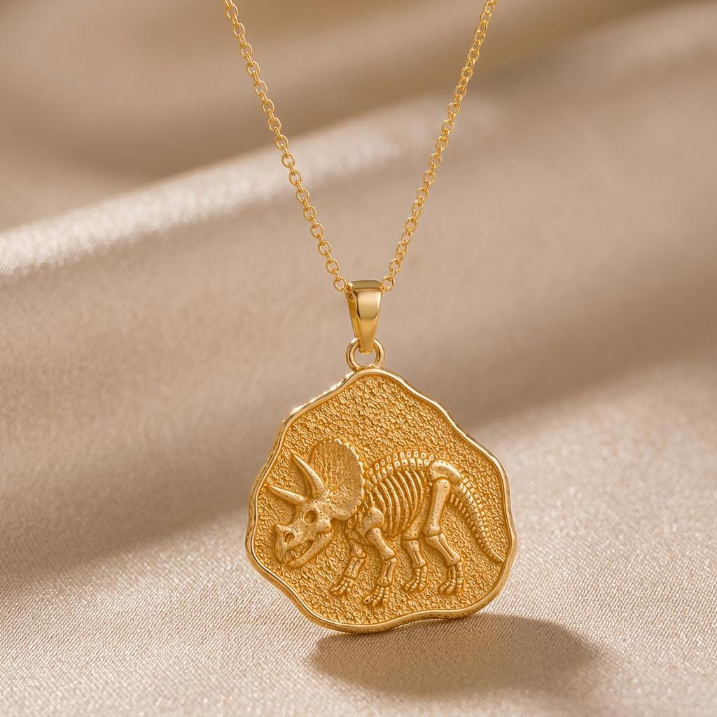 Triceratops Fossil Pendant | Gold Plated 925 Sterling Silver | Prehistoric Dinosaur Theme | For Paleontology Enthusiasts