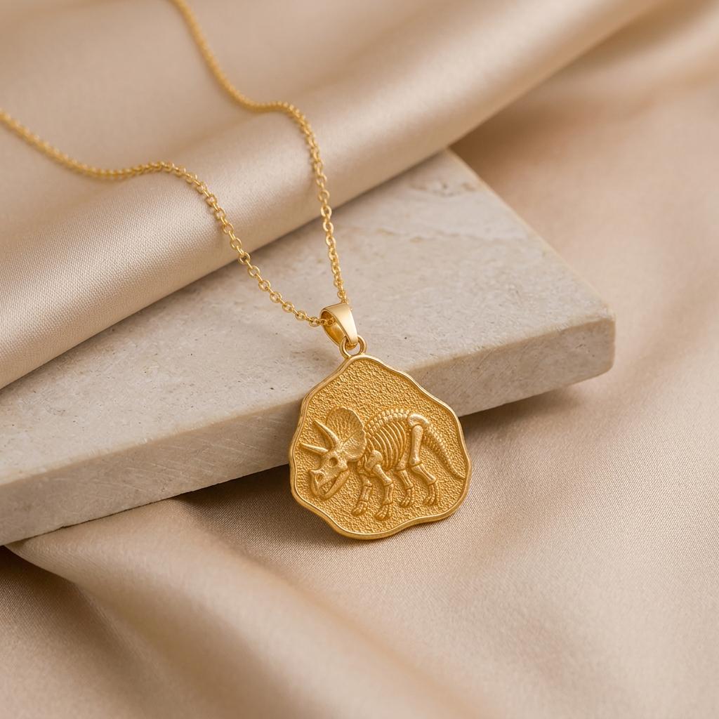 Triceratops Fossil Pendant | Gold Plated 925 Sterling Silver | Prehistoric Dinosaur Theme | For Paleontology Enthusiasts