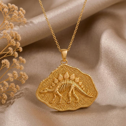 Stegosaurus Fossil Pendant | Gold Plated Sterling Silver | Dinosaur Theme | Science Enthusiast Gift